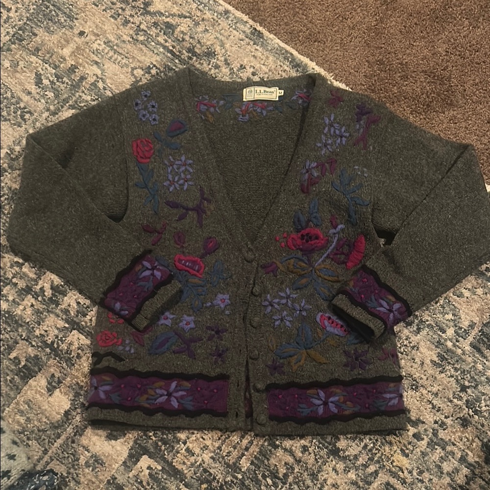 Vintage L.L. Bean Wool Cardigan with Floral Embroidery